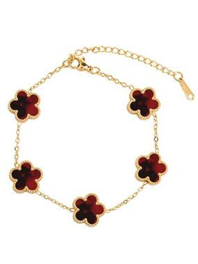 Women's Red Four-Leaf Clover Bracelet Hypoallergenic Stainless Steel 18K Gold